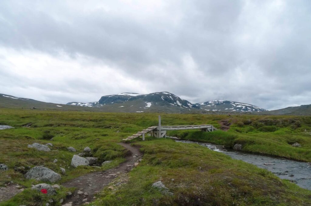 Drewniany mostek nad leniwie płynącym strumykiem na szlaku Kungsleden