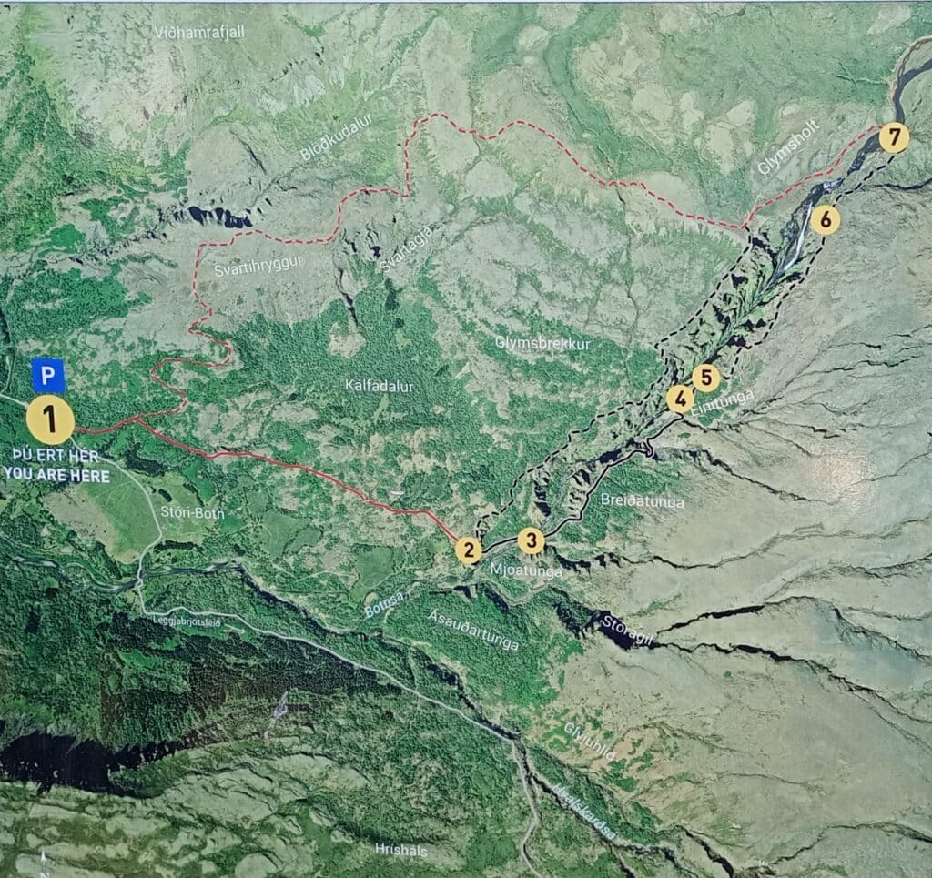 Mapa szlaków na wodospad Glymur